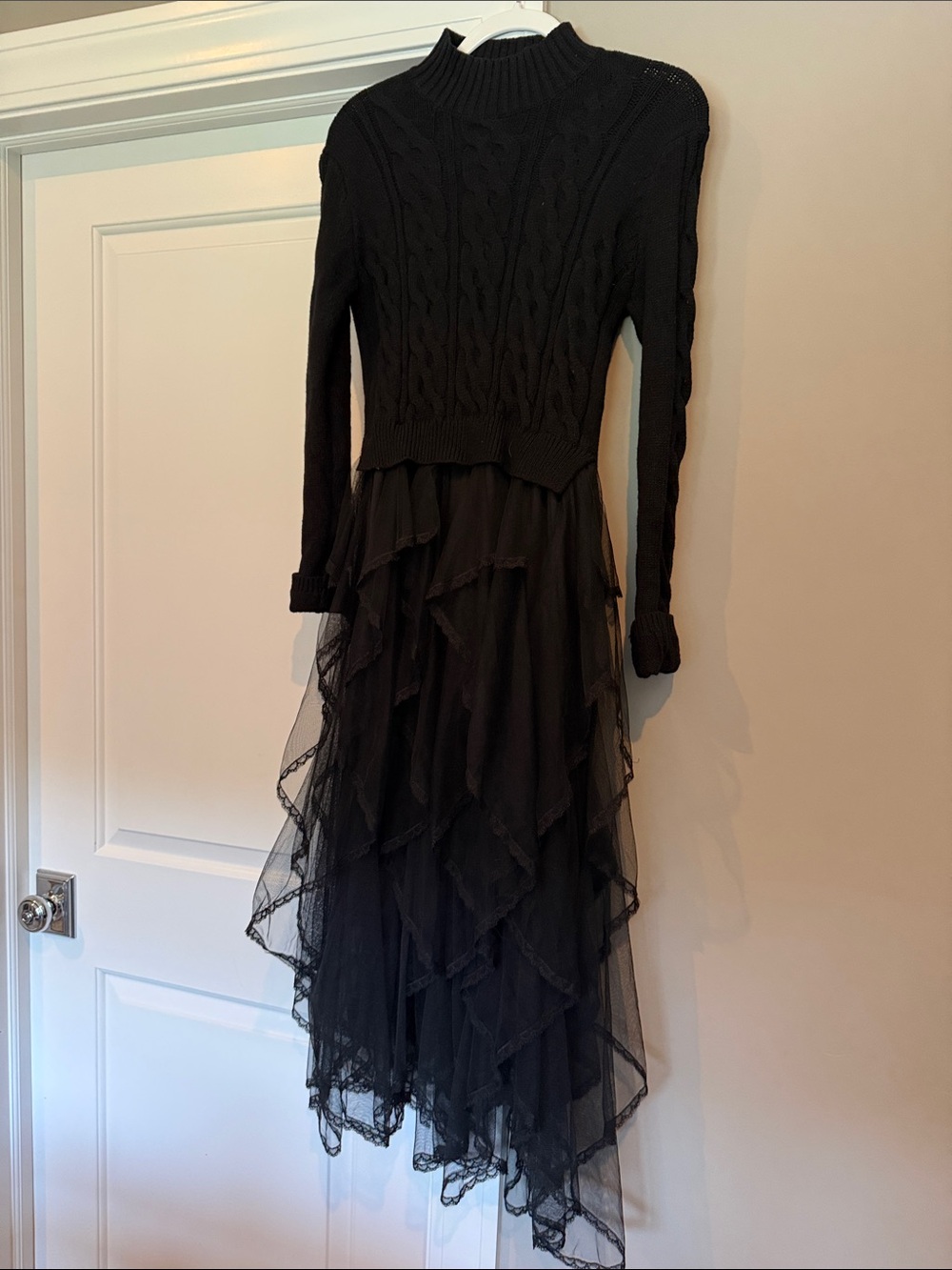 Black Layered Tulle & Cable-Knit Long Sleeve Dress. Size s/m